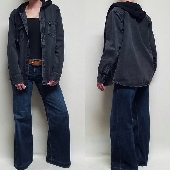 VINTAGE 80s Black Denim Contrast Hood Long Sleeve Button Up Grunge Jacket Medium - Picture 1 of 12